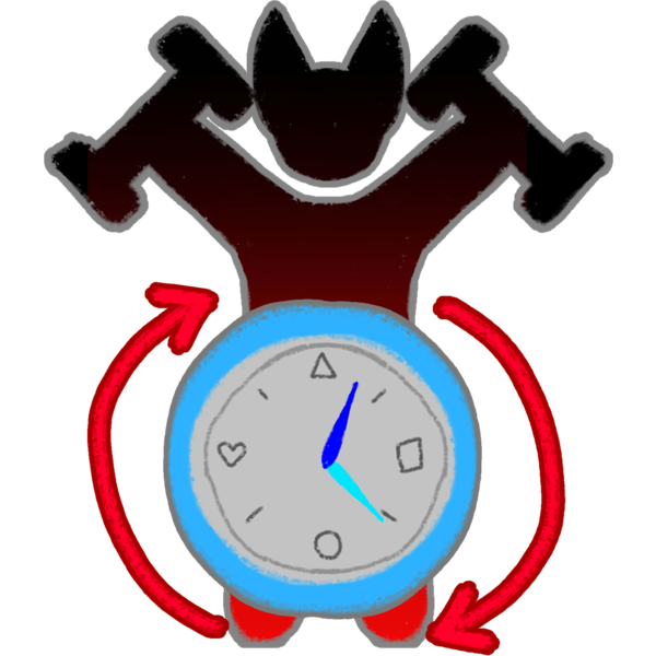 a red and black image of a wolf like character is lifting a weight in each hand, under them is a clock with two arrows making a circle around the clock.